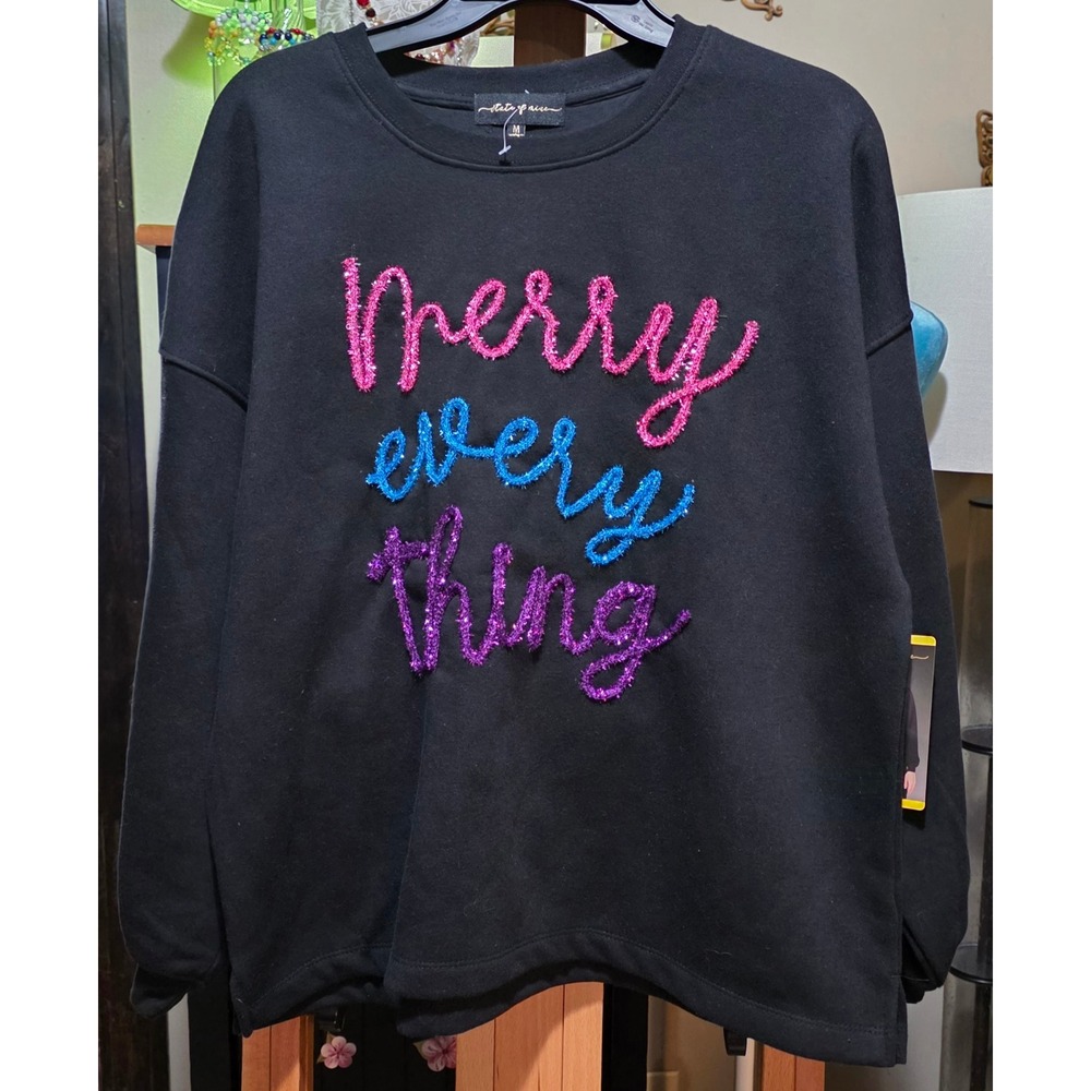 State of Mine Womens Merry Everything Sweatshirt Black Holiday Medium